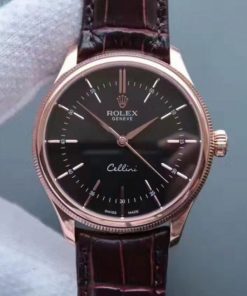 Replica Rolex MK Cellini Time 50505 Black Dial RG Leather Strap A3165