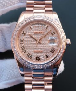 Replica Rolex Day-Date 218399 Roman Numerals RG Full Diamonds A3255