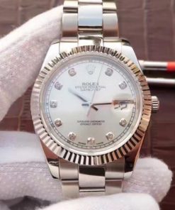 Replica Rolex DateJust 41mm 126334 Fluted Bezel White Dial Diamonds Markers SS Jubilee Bracelet A3235