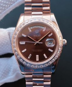 Replica Rolex Day-Date 41mm 218399 RG Brown Dial Diamonds Bezel RG Bracelet A3255