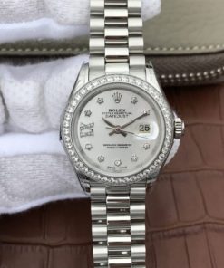 Replica Rolex DateJust 28mm Diamonds Bezel White Dial Diamonds Rome Markers Bracelet A2236