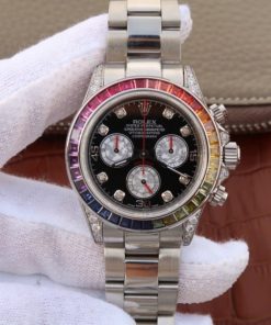 Replica Rolex Daytona 116599 Colorful Crystal Bezel Black Dial SS Bracelet A7750