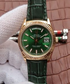 Replica Rolex Day-Date 118138 YG Green Dial Green Leather Strap A2836