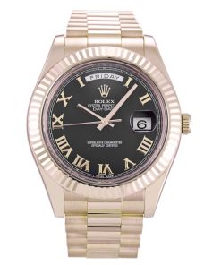 41 MM Rose Gold Black Roman Numeral Replica Rolex Day-Date II 218235