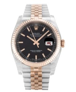 36 MM Steel & Rose Gold Black Baton Replica Rolex Datejust 116231