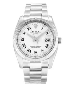 34 MM Steel White Roman Numeral Replica Rolex Oyster Perpetual Date 115210