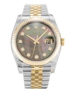 36 MM Steel & Yellow Gold Mother of Pearl Black Diamond Replica Rolex Datejust 116233