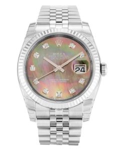 36 MM Steel & White Gold Mother of Pearl Black Diamond Replica Rolex Datejust 116234