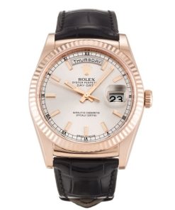 36 MM Rose Gold Silver Baton Replica Rolex Day-Date 118135